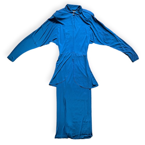 RARE 1980s era Norma Kamali Blue Peplum Dress w/Shoulder Pads, sz 12 - Picture 1 of 11
